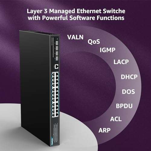 YuanLey 28 Port Gigabit Managed PoE Switch with 24 10/100/1000Mbps PoE+ Ports, 4X 10Gbps SFP+, L3 Smart Managment Ethernet Switch, VLAN, QoS, ACL, SSL, Fanless, Rackmount Network Switch 5