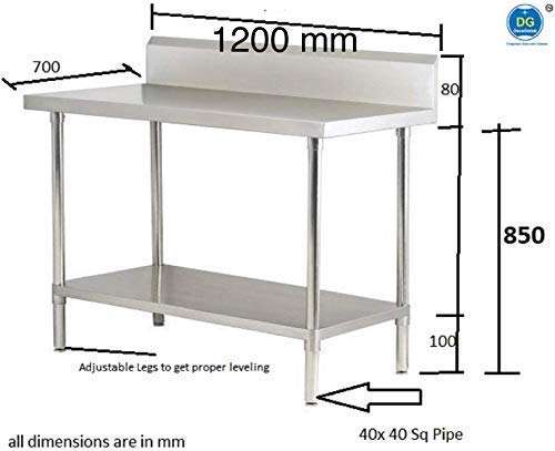 DG DEXAGLOBAL Stainless Steel Work Table with Under Shelf & Back Splash- 1207x700x850 mm LBH 3