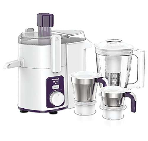 Havells Hexo 1000 watts 3 Jar Juicer Mixer Grinder with 2.5 Kg 100% Ball Bearing Copper Motor ,22000 RPM, 2Ltr Polycarbonate Jar, Metal Teeth Coupler & 2 Years Warranty (White & Purple)