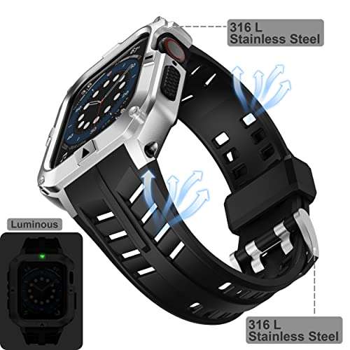 T-ENGINE Metal Case Compatible with Apple Watch Series 7/8/9 (45mm) for se Series 6/5/4 (44mm), One-Piece Metal Case with TPU Band for 45mm 44mm 5