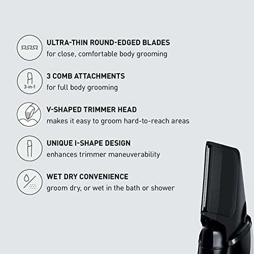Panasonic Body Hair Trimmer for Men, Cordless Waterproof Design, V-Shaped Trimmer Head with 3 Comb Attachments for Gentle, Full Body Grooming, ER-GK60-S (Silver) 2
