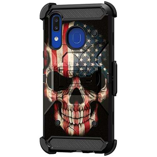 TurtleArmor | Compatible with Samsung Galaxy A20 Case | A30 Case [Armor Pro] Full Body Protection Armor Hybrid Kickstand Rugged Holster Belt Clip Case - US Flag Skull 1