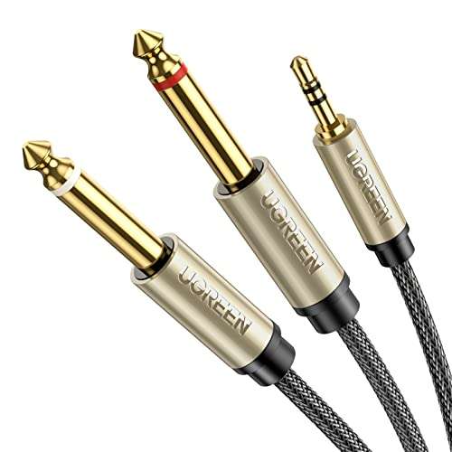 UGREEN 1/8 to 1/4 Stereo Cable 3.5mm TRS to Dual 6.35mm 1/4 TS Mono Y Splitter Audio Cord Adapter Compatible with iPhone, PC, Computer Sound Card, Mixer, Multimedia Speaker, Home Stereo System 6.6FT 1