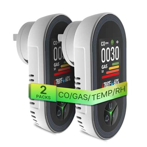[2 Pack] MOES 4-in-1 Carbon Monoxide & Gas Detector Plug in, with Real-Time Temperature & Humidity Display, Alarm for Natural Gas, Propane 1