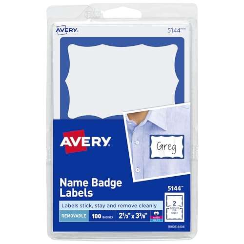 Avery Customizable Name Tags, 2-1/3" x 3-3/8", White with Blue Border, 100 Removable Name Badges (05144) 1
