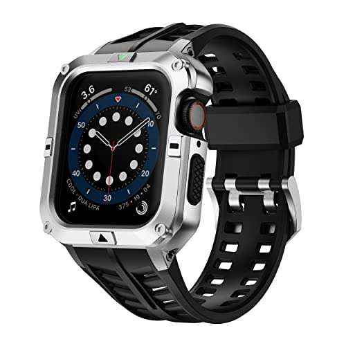 T-ENGINE Metal Case Compatible with Apple Watch Series 7/8/9 (45mm) for se Series 6/5/4 (44mm), One-Piece Metal Case with TPU Band for 45mm 44mm 1
