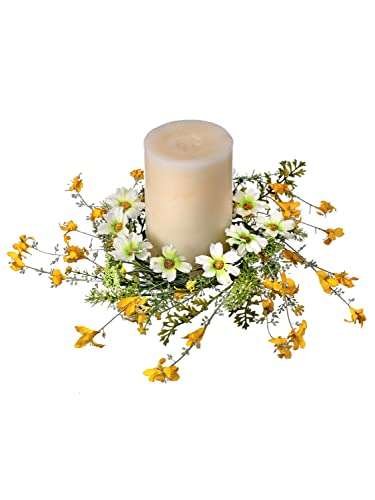 10 Inch Spring Daisy and Buttercup Candle Ring, Artificial Dried Floral Look Yellow and White Blossoms 1