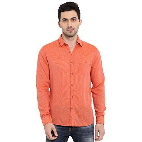 MUFTI Orange Striped Spread Collar Full Sleeves Linen Blend Shirt