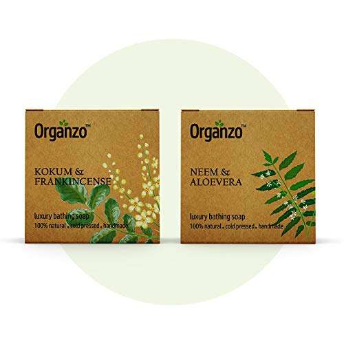 Organzo Organic Natural Hand Made Luxury Bathing Soap with Neem & Aloe Vera, Kokum Butter & Frankincense Chemical Free, Cold pressed Paraben Free SLS Free 100gm (Pack of 2) 1