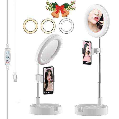 NeotrixQI Selfie Ring Light with Phone Holder, Foldable LED Desk Lamp Dimmable Phone Make Up Ringlight Stand Extendable Makeup Mirror TIK Tok YouTube Video Vlog Recording Photography Tiktok Live Stream (White) (G3) 1