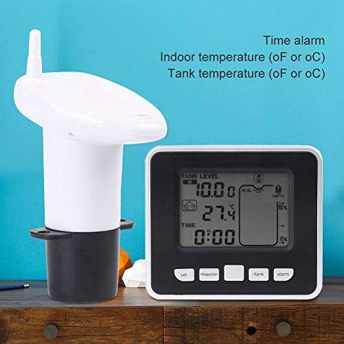 Plyisty Liquid Level Sensor, 0〜15m Ultrasonic Water Tank Liquid Depth Level Meter Sensor with Temperature Display Indoor/Tank Temperature (℉ or ℃) 3.3 Inch LED Display 6