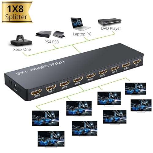 LiNKFOR 1x8 HDMI Powered Splitter with Power Adapter 8 Ports HDMI Splitter Ultra 4K @ 30 Hz Support 3D Full HD 1080P (1 in 8 Out) 3