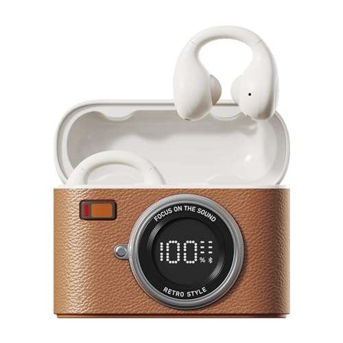 Open Ear Clip Headphones, Wireless Earbuds Bluetooth 5.4 Sport Clip-on Earphones with 4HD Mics, 65H Playtime & LED Display, True Wireless Bluetooth Ear Buds Compatible with Android iOS/Samsung-Brown 1