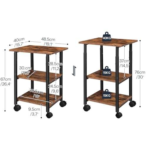 HOOBRO Printer Stand, 3-Tier Industrial Under Desk Printer Cart with Shelf, Mobile Heavy Duty Storage Rack on Wheels for Home, Office Rustic Brown and Black BF03PS01G1 4