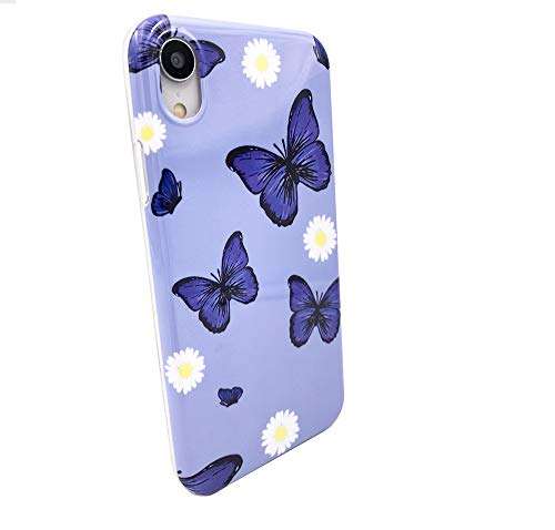 HUIYCUU Compatible with iPhone XR Case 6.1", Soft Slim Fit Girl Women Glitter Purple Tropical Flowers Clear Animal Design Pattern Shockproof Full Body Bumper Case for iPhone XR, Floral Butterfly 6