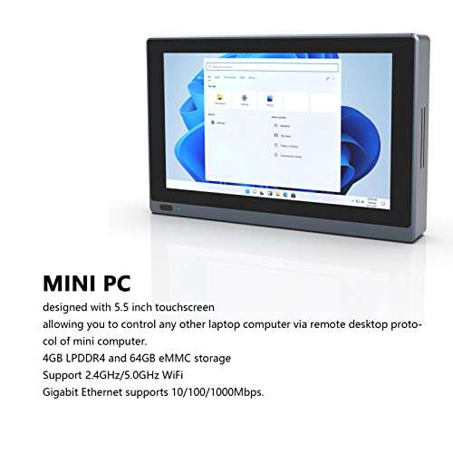 Mini PC Windows 11, Intel Celeron N4000 Mini Computer with 5.5in IPS Touchscreen, 4GB DDR4 RAM 64GB EMMC, 2.4G/5.0G WiFi, BT5.0, 4K HDMI Double Display, Gigabit Ethernet 3