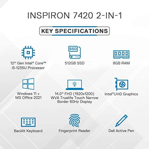 Dell Inspiron 7420 2in1 Laptop, Intel i5-1235U, 8GB DDR4 & 512GB SSD, Win 11 + MSO'21, 14.0" (35.56Cms) FHD+ WVA Truelife Touch 250 nits, Active Pen, Platinum Silver (D560778WIN9S, 1.57Kgs) 4