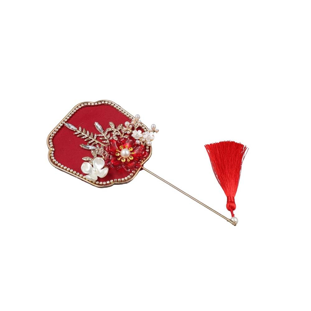 Pokinge Chinese Wedding Bridal Group Fan, Retro Bride Gold Red Circular Fan with Pendant, Flower-holding Fan, Handmade Flower Craft Photography Props(7) 5