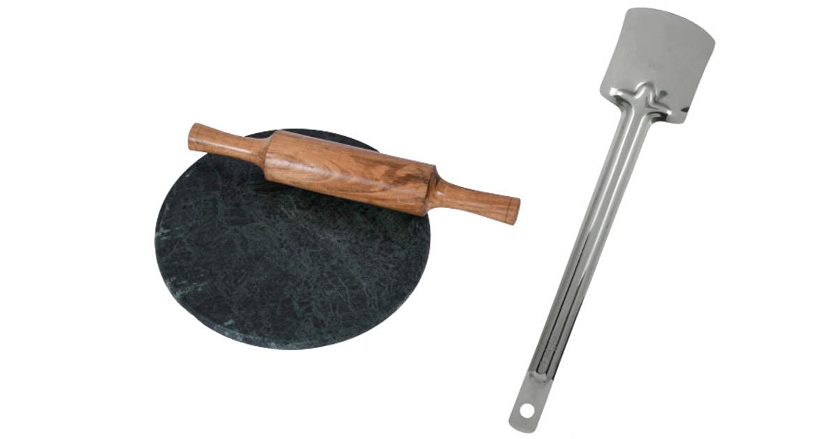SAMEER SALES Marble Roti Maker 10 Inch Diameter with Wooden Belen with Stainless Steel Spatula tavaTurners for Dosa, Roti, Chapati and paratha-10 Inch Diameter (Green) 1