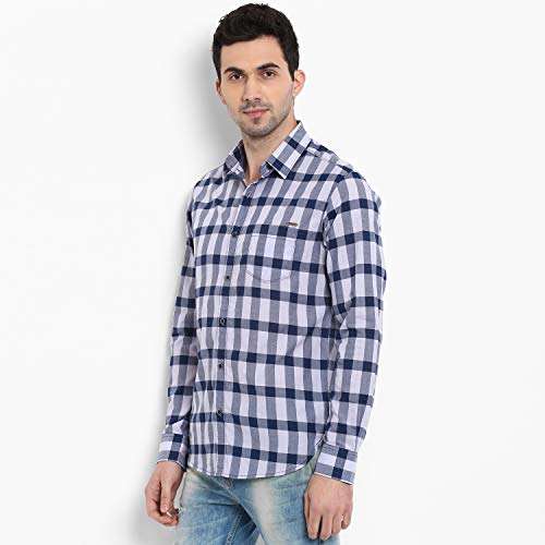 Mufti Men's Checkered Slim fit Casual Shirt (MFS-9546-H-LILAC-NAVY-L_Lilac-Navy L) 4