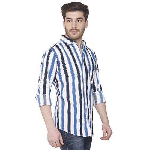 Mufti Men's Striped Casual Shirt (FLS-0110_White-Blue L) 5