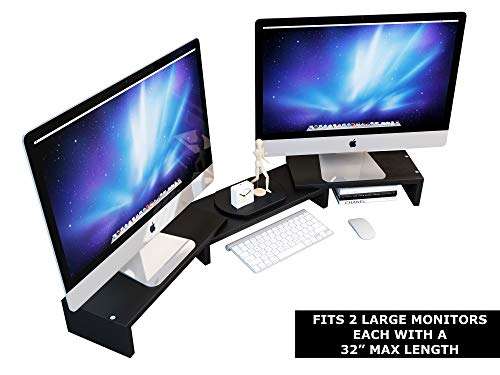 Computer Monitor Stand Riser for 2, Dual, Double, 3, Triple, Multi, Multiple Desktop Monitors with Adjustable Length & Angle, Laptop Corner Stands Lift Organizer, Long Wood Black Shelf Desk Storage 2