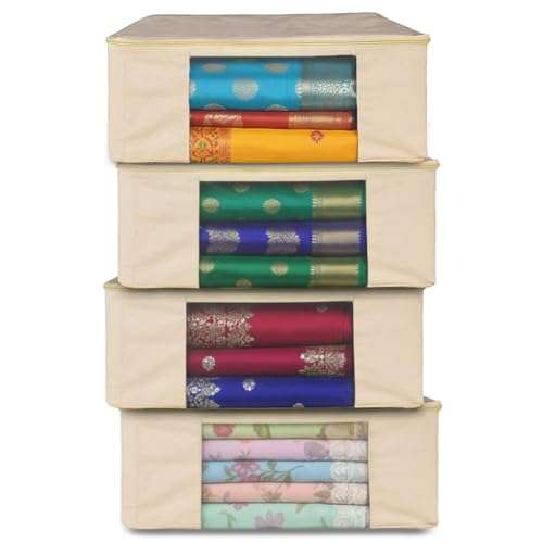 JD FRESH 4 Pcs Cotton Saree Cover for Wardrobe/Space Saving Bag with Zip Closure & Big Transparent Window/Wardrobe-Cupboard Organizer for Clothes/Bedsheets/Lehengas (17 X 14 x 7 Inch, Off White)