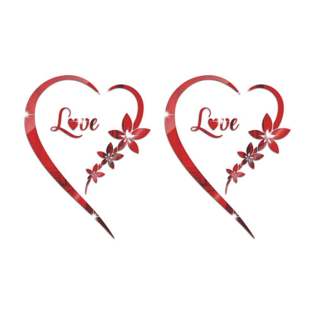 Bloepum 2pcs Love Acrylic Mirror Stickers Heart-Shaped Bedroom Living Room TV Background Wall Home Decoration Red 1