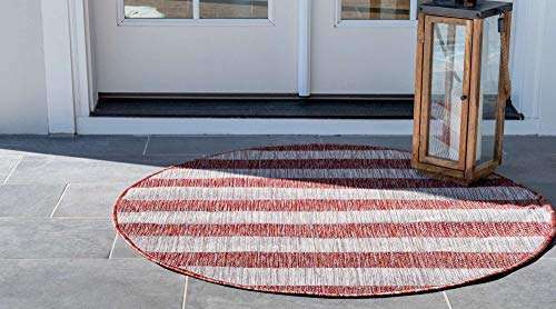 Unique Loom Outdoor Striped Collection Area Rug - Distressed Stripe (4' 1" Round, Rust Red/ Gray) 3