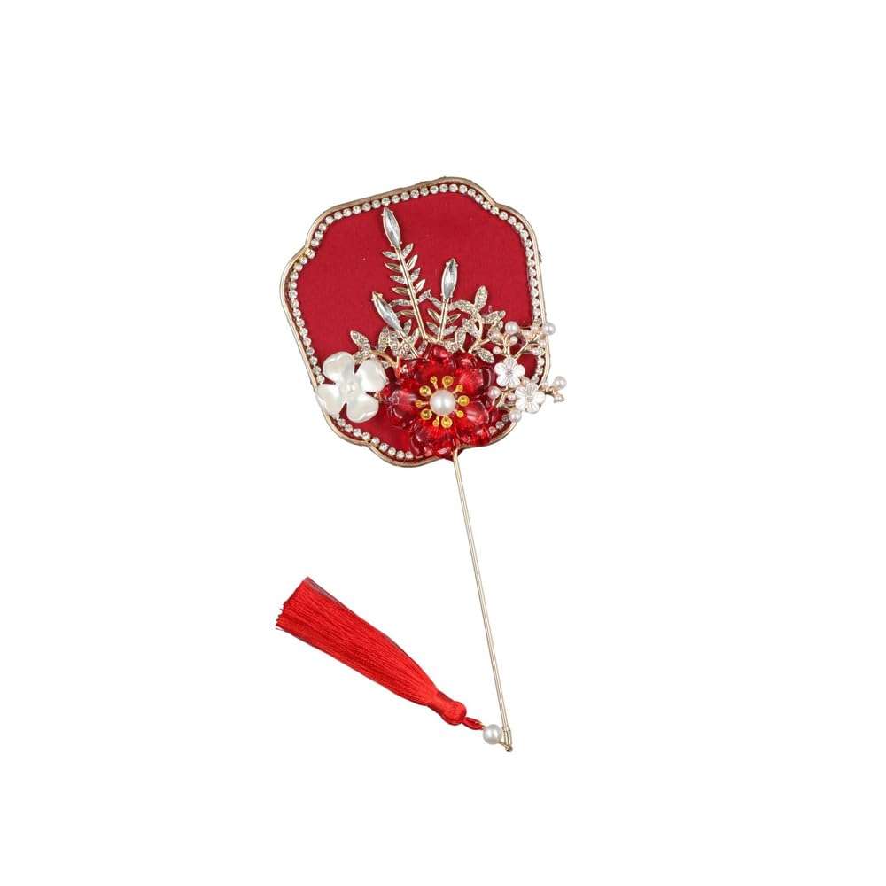 Pokinge Chinese Wedding Bridal Group Fan, Retro Bride Gold Red Circular Fan with Pendant, Flower-holding Fan, Handmade Flower Craft Photography Props(7) 1