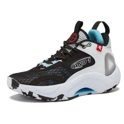 AND1 Scope Girls & Boys Basketball Shoes Kids, Boys High Top Sneakers - Black/White/Light Blue, 7 Big Kid