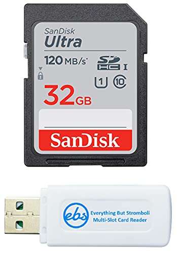 SanDisk 32GB SDHC SD Ultra Memory Card Works with Nikon D3500, D7500, D5600, D5200 Digital Camera Class 10 (SDSDUN4-032G-GN6IN) Bundle with (1) Everything But Stromboli Combo Card Reader 1