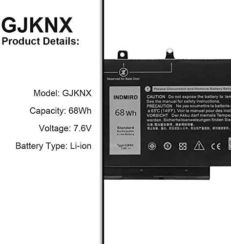 Indmird GJKNX Laptop Battery Replacement for Dell Latitude E5480 E5490 E5491 E5580 E5590 E5591 Precision 15 3520 M3530 Series Notebook GD1JP DY9NT 5YHR4 451-BBZG 7.6V 68Wh 8500mAH 2
