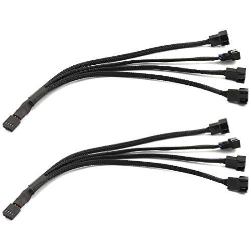 HJ Garden 2PCS 4Pin Female to 4X 4Pin Male PWM Fan Splitter Adapter Cable 1 to 4 Ways 4 Pins Adapter Converter Black Sleeved Extension Cable Connector 10.5" 1