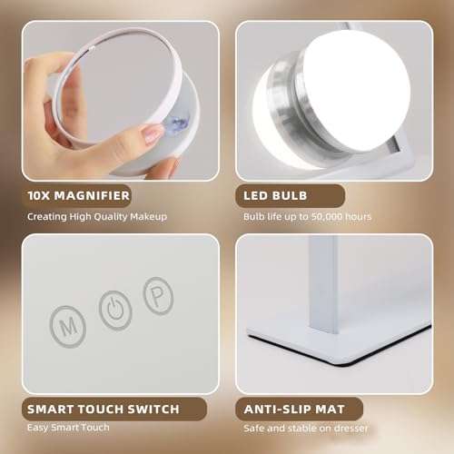 Hansong Hollywood Lighted Vanity Makeup Mirror, Plug in Light-up Girls Professional Mirror, Removable10x Magnification, 3 Colour Lighting Modes (White) 6
