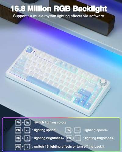 AULA F75 75% Wireless Mechanical Keyboard, Hot Swappable Creamy Keyboard, Pre-lubed Greywood Switches RGB Backlit Gaming Keyboards, 2.4GHz/Type-C/BT5.0(Salt White Blue) 4