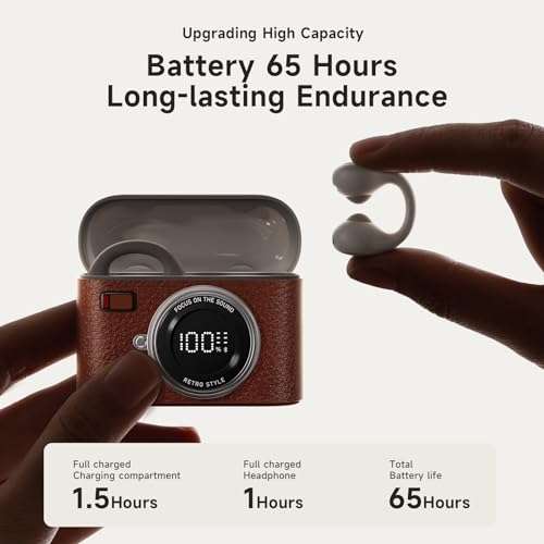 Open Ear Clip Headphones, Wireless Earbuds Bluetooth 5.4 Sport Clip-on Earphones with 4HD Mics, 65H Playtime & LED Display, True Wireless Bluetooth Ear Buds Compatible with Android iOS/Samsung-Brown 4