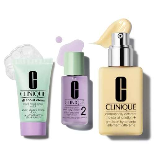 Clinique Great Skin, Great Deal Gift Set For Dry Combination Skin Type II | All About Clean Mild Liquid Soap, Clarifying Lotion + Dramatically Different Lotion | Includes 3 Travel Size Pieces 1