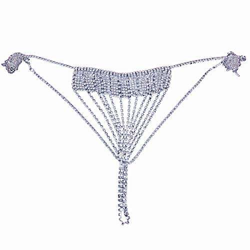 Women Sexy Rhinstone Underwear G-String Thong Panties Bridal Crystal Tassel Body Chain Jewelry Bikini Crystal Waist Body Chain for Nightclub(Silver) 4