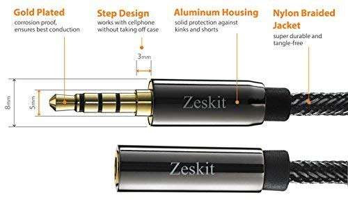 Zeskit Premium 3.5mm Jack Male to Female AUX Audio Extension Cable, TRRS 4 Poles for Headphones with Mic, Speakers - 6ft 2