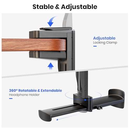 7-in-1 Desk Cup Holder - EURPMASK Organizer with Headphone, Controller Holder, Snack Bucket, and Phone Holder, Clamp-On Desk Accessory with Sturdy Large Storage, Easy to Install, Black 4