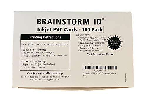Brainstorm ID Inkjet PVC Cards (100 Pack) - 30 Mil - Inkjet Printable ID Cards - Enhanced Ink Receptive Coating - Waterproof & Double Sided Printing - Works with Epson & Canon Inkjet Printers