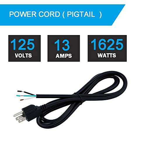Power Cord Pigtail 16 AWG 3 Prong 12 Foot Open End 3 Wire Heavy Duty SJT 16 Gauge Power Supply Cord 120V AC NEMA 5-15P, Replacement Power Cable 13A, 1625W at 125VAC 3
