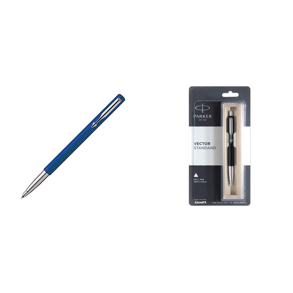 Parker Vector Standard Roller Ball Pen - Black Body & Parker Vector Standard Chrome Trim Ball Pen (Ink - Black)