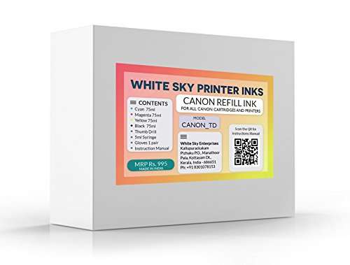 White Sky Refill Ink for Canon Printer MP287, MG3670, MG2970, iP7270, MG2577, MG3070, MG2570, MG3077, MG2470, MG2577, MP2870, iP7270, MG3170 and all PIXMA E, MG, MP Series Compatible with 4 Syringes and Thumb Drill - 300ml CMYK Ink 2