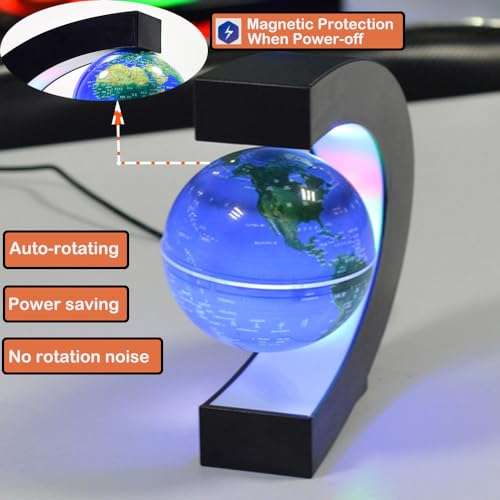 FUGEST Magnetic Floating Globe 2 in 1 Blue 4in Constellations Globe World Map C Shape Base LED Light Lamp Rotating 5