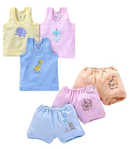 PIKIPOO Kids Vest Baniyan Cotton Inner wear with Baby Boy's & Girl's Panties Set for Summer Wear Toddler Newborn Gift Set Sando/Bloomers/Briefs/Drawers/Trunks/Panty (12-18 Months, Blue)