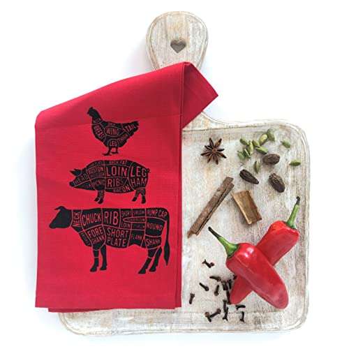 Rakaabi™ Red with Printed Black Chicken, Pig, Buffalo Meat Cut Names, Multi-Utility Dish Towel for Modern Kitchen, Dining, Café, Office, Wrap, Gift. Designer Export Quality. 28x18 inch