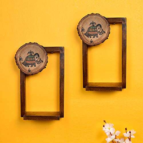 Aakriti Art Creations Wall Décor Brown Wooden Shelf, Set of 2