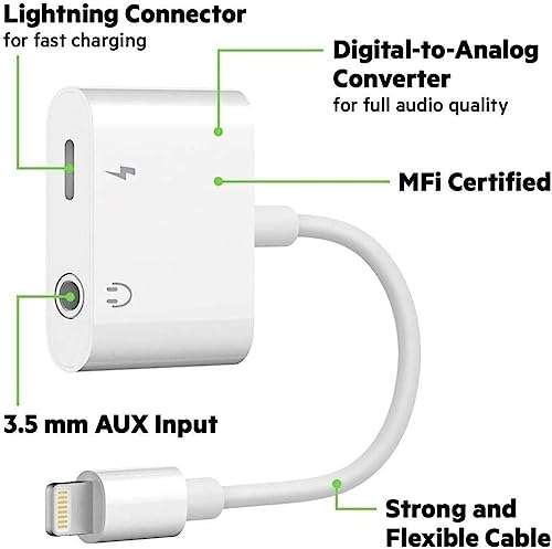 2Pack Lightning to 3.5mm Headphones Jack Adapter,MFi Certified 2 in 1 iPhone Headphone Adapter Dongle Charger Jack Lightning to 3.5mm AUX Cord Splitter Compatible for iPhone 13/12/11/XS/XR/X/8/7 2